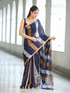 Bhagalpur Handloom Pure Linen Saree With Gold & Silver Stripes-Blue