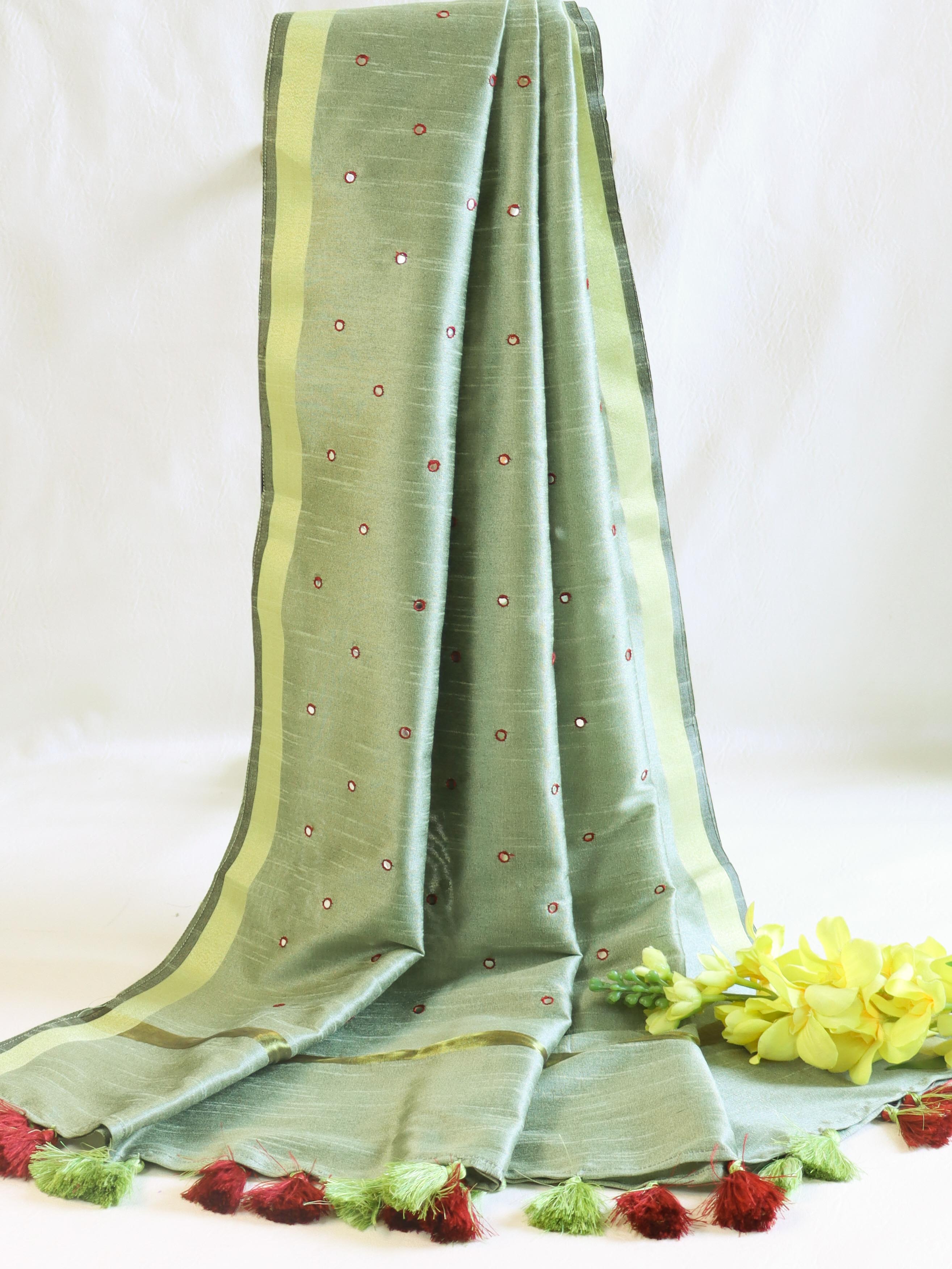 Banarasee Art Silk Dupatta With Hand-Embroidered Motifs-Green