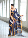 Bhagalpur Handloom Pure Linen Saree With Gold & Silver Stripes-Blue