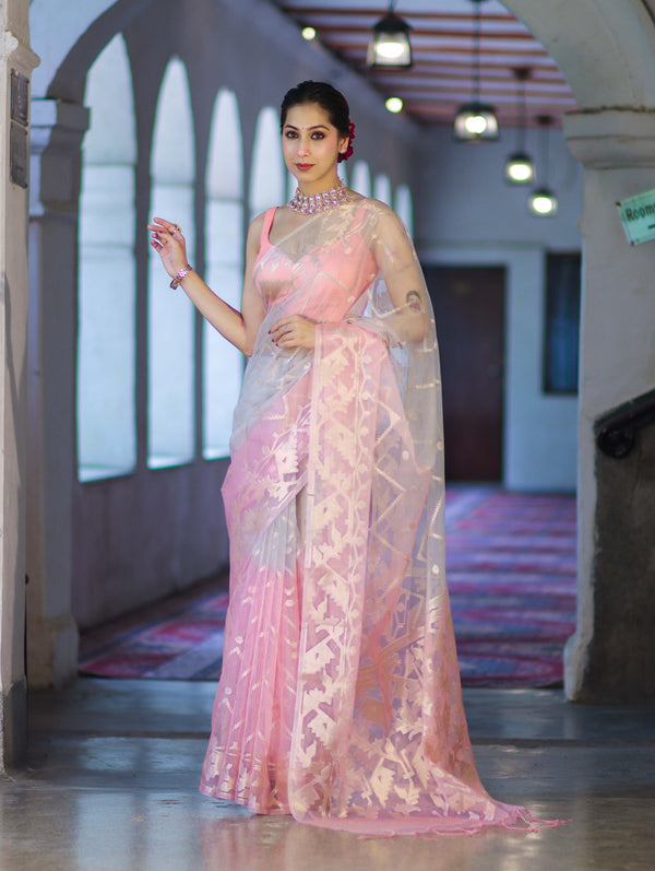 Banarasee Dual Color Organza Saree With Zari Jaal Design-Peachy Pink & Silver