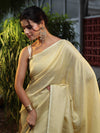 Banarasee Pure Linen Shine Saree-Cream & White