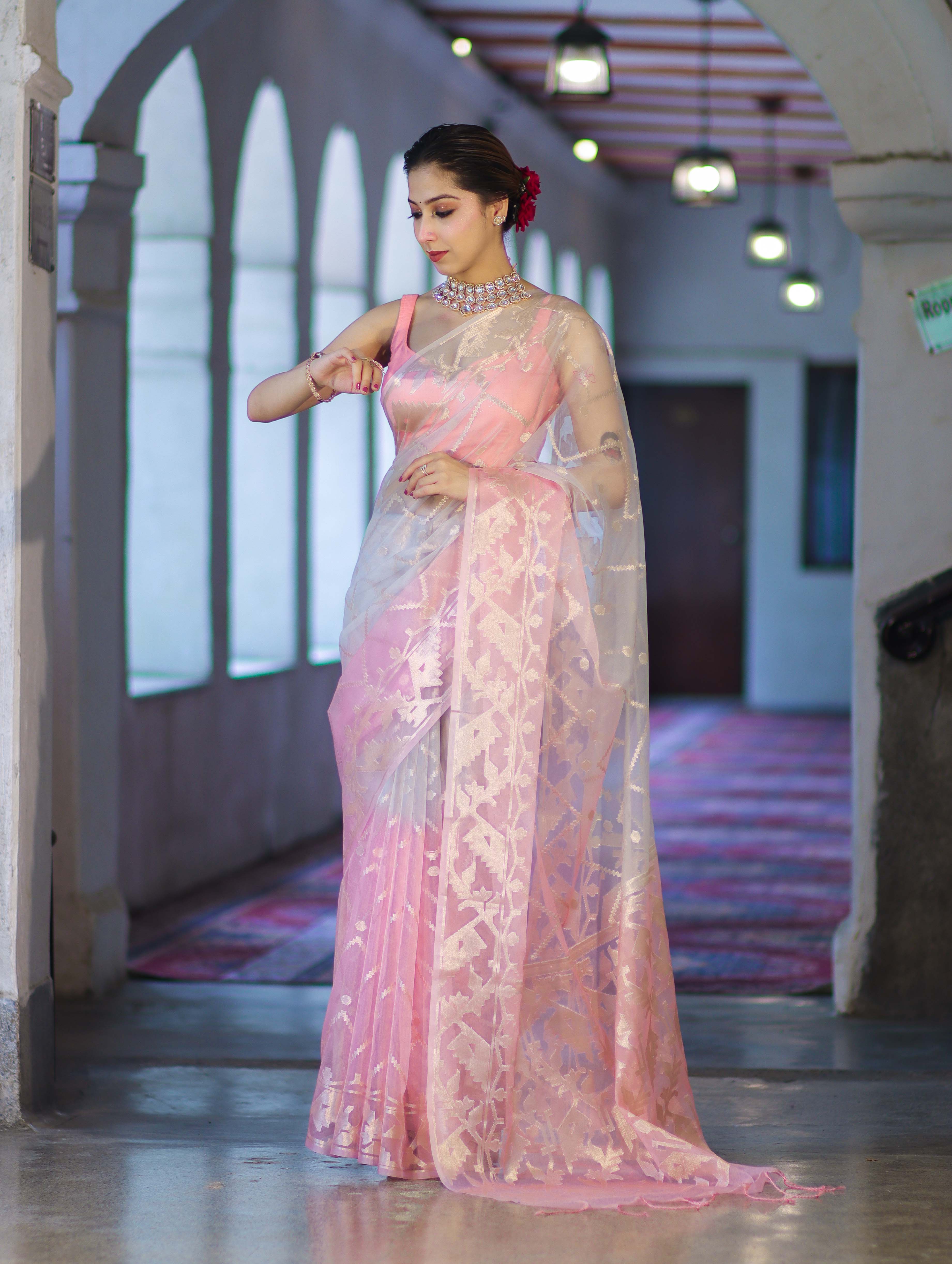 Banarasee Dual Color Organza Saree With Zari Jaal Design-Peachy Pink & Silver