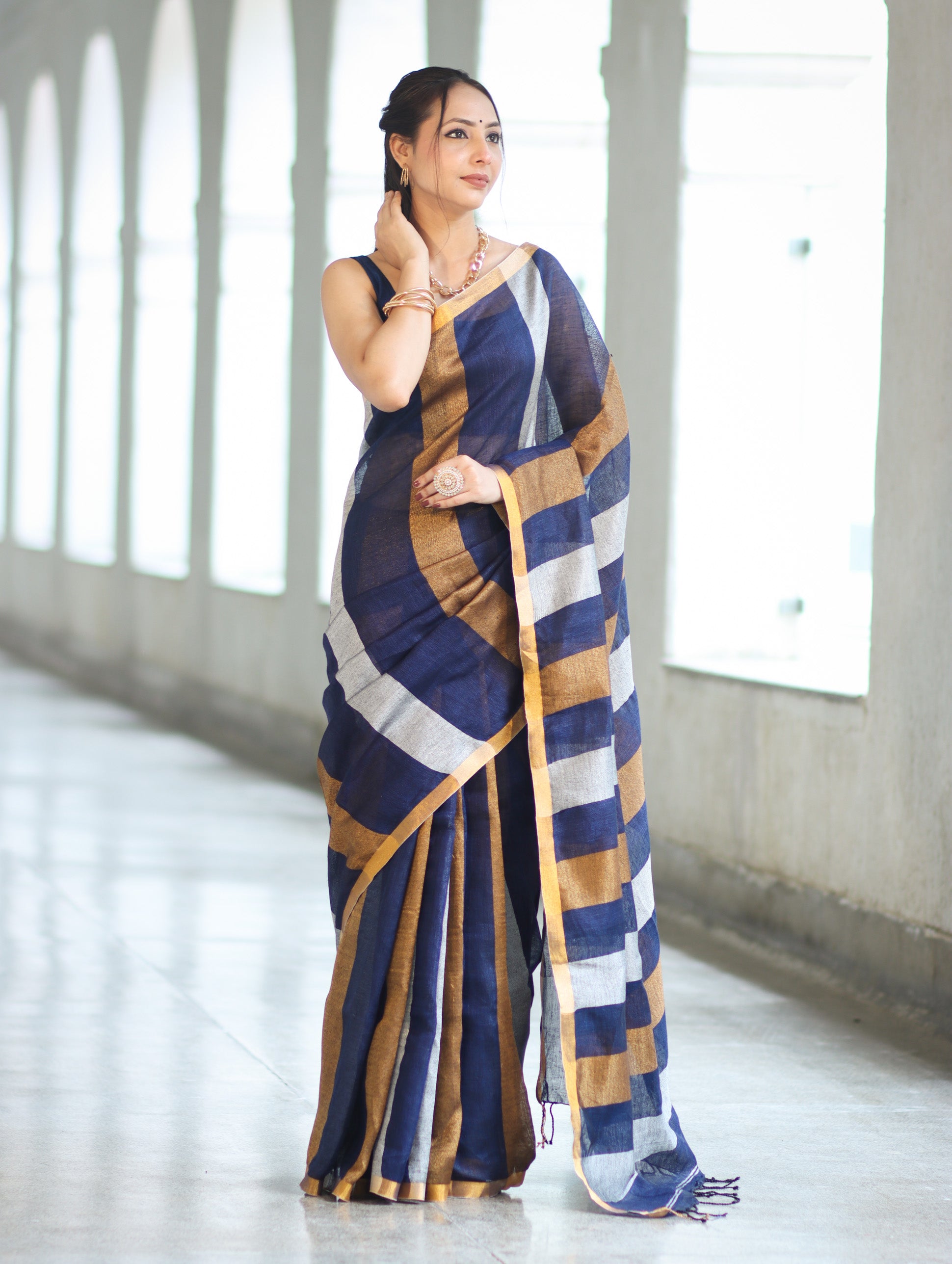Bhagalpur Handloom Pure Linen Saree With Gold & Silver Stripes-Blue