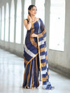 Bhagalpur Handloom Pure Linen Saree With Gold & Silver Stripes-Blue