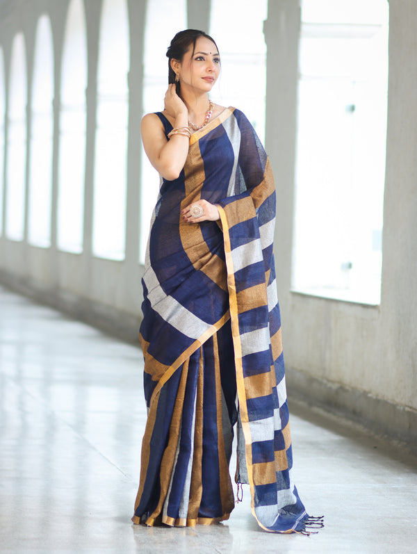Bhagalpur Handloom Pure Linen Saree With Gold & Silver Stripes-Blue