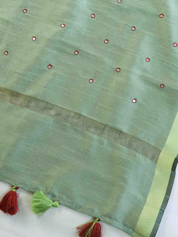 Banarasee Art Silk Dupatta With Hand-Embroidered Motifs-Green