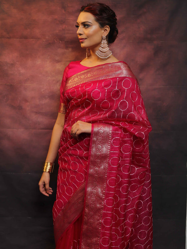 Banarasee Organza Floral Embroidery Sequin Work Saree-Pink