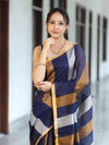 Bhagalpur Handloom Pure Linen Saree With Gold & Silver Stripes-Blue