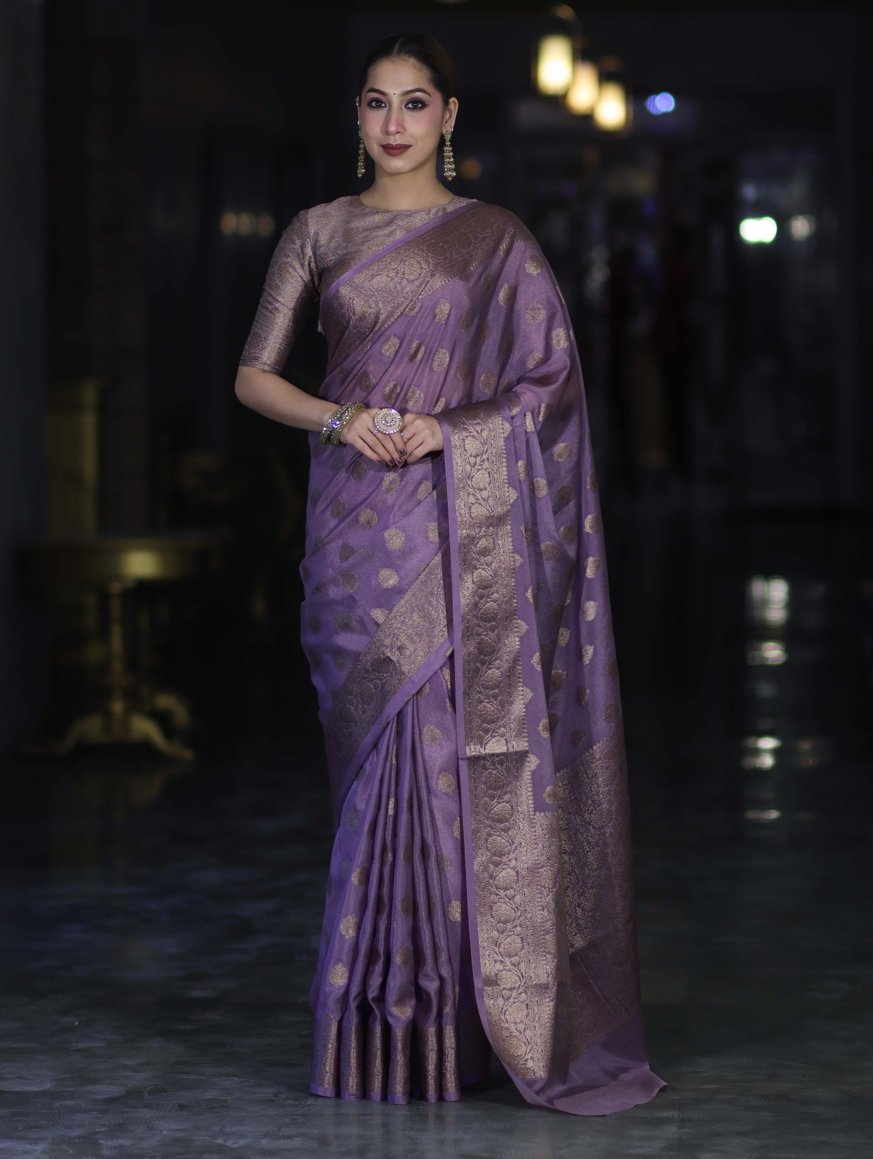 Banarasee Handwoven Georgette Saree With Antique Zari Buta Design & Floral Border-Mauve