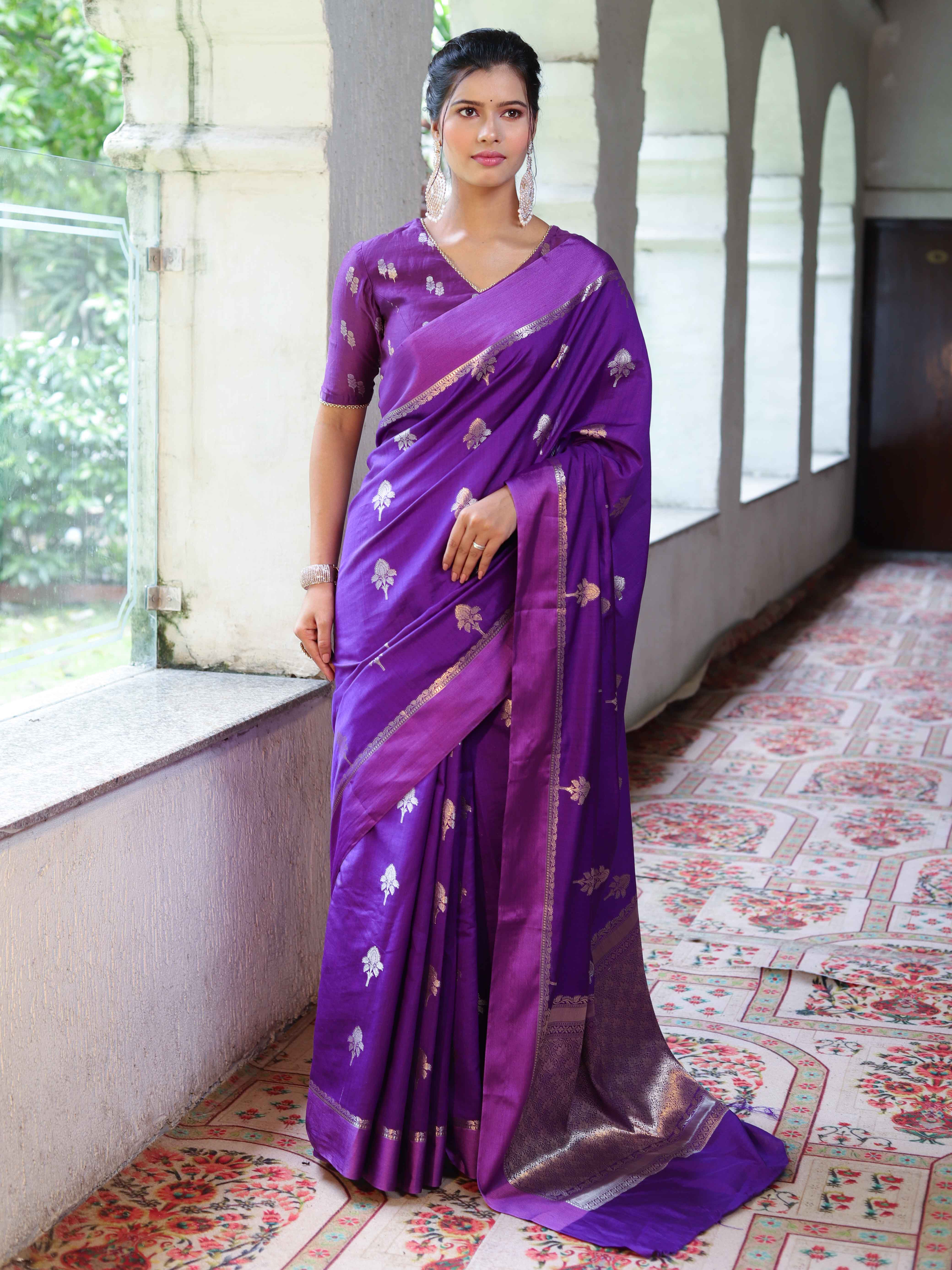 Banarasee Pure Chiniya Silk Saree With Zari Buti Work & Satin Border-Violet