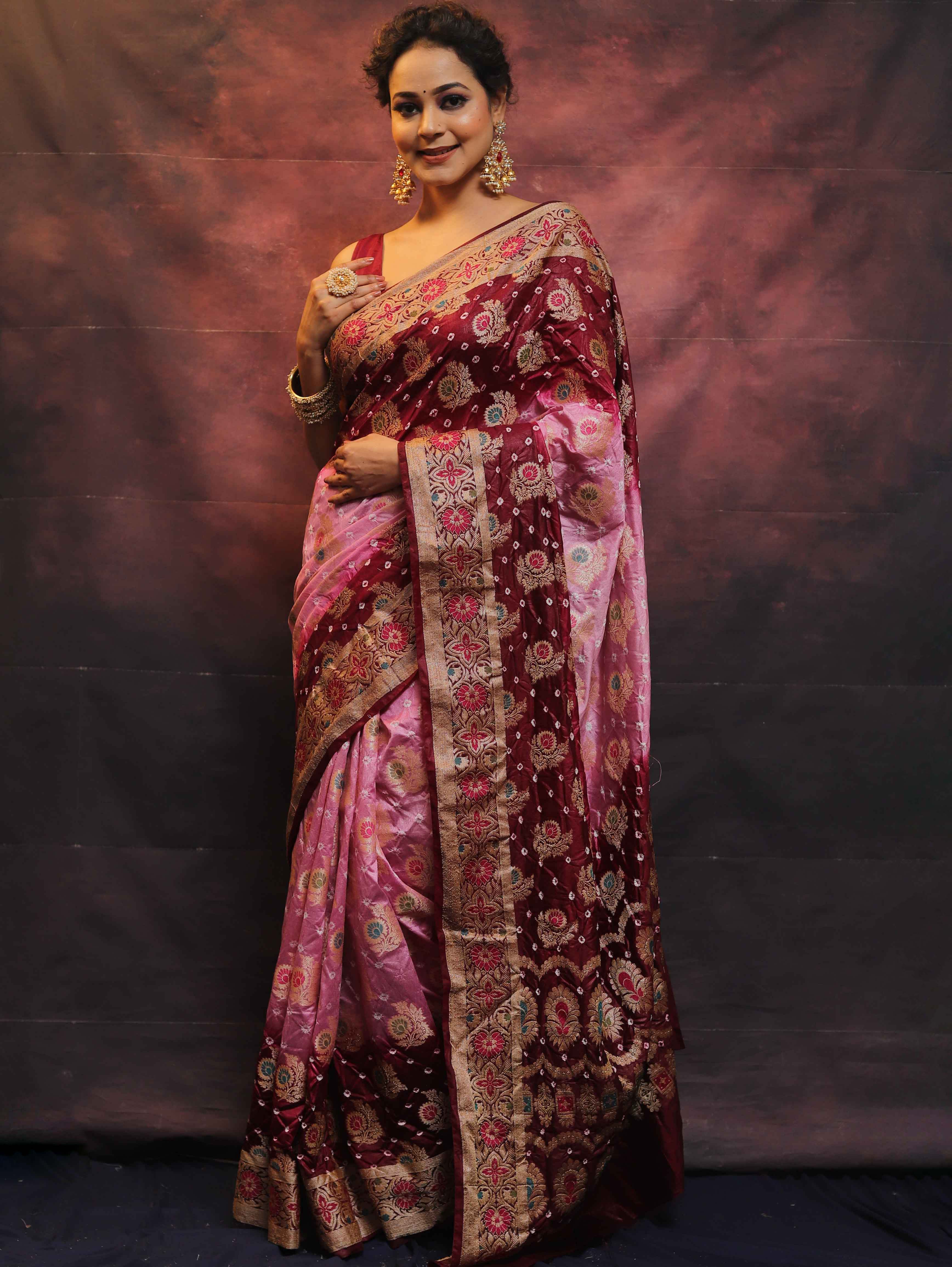 Banarasee Handwoven Semi Silk Bandhej Saree With Broad Zari Floral Border-Maroon & Pink