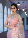 Banarasee Dual Color Organza Saree With Zari Jaal Design-Peachy Pink & Silver