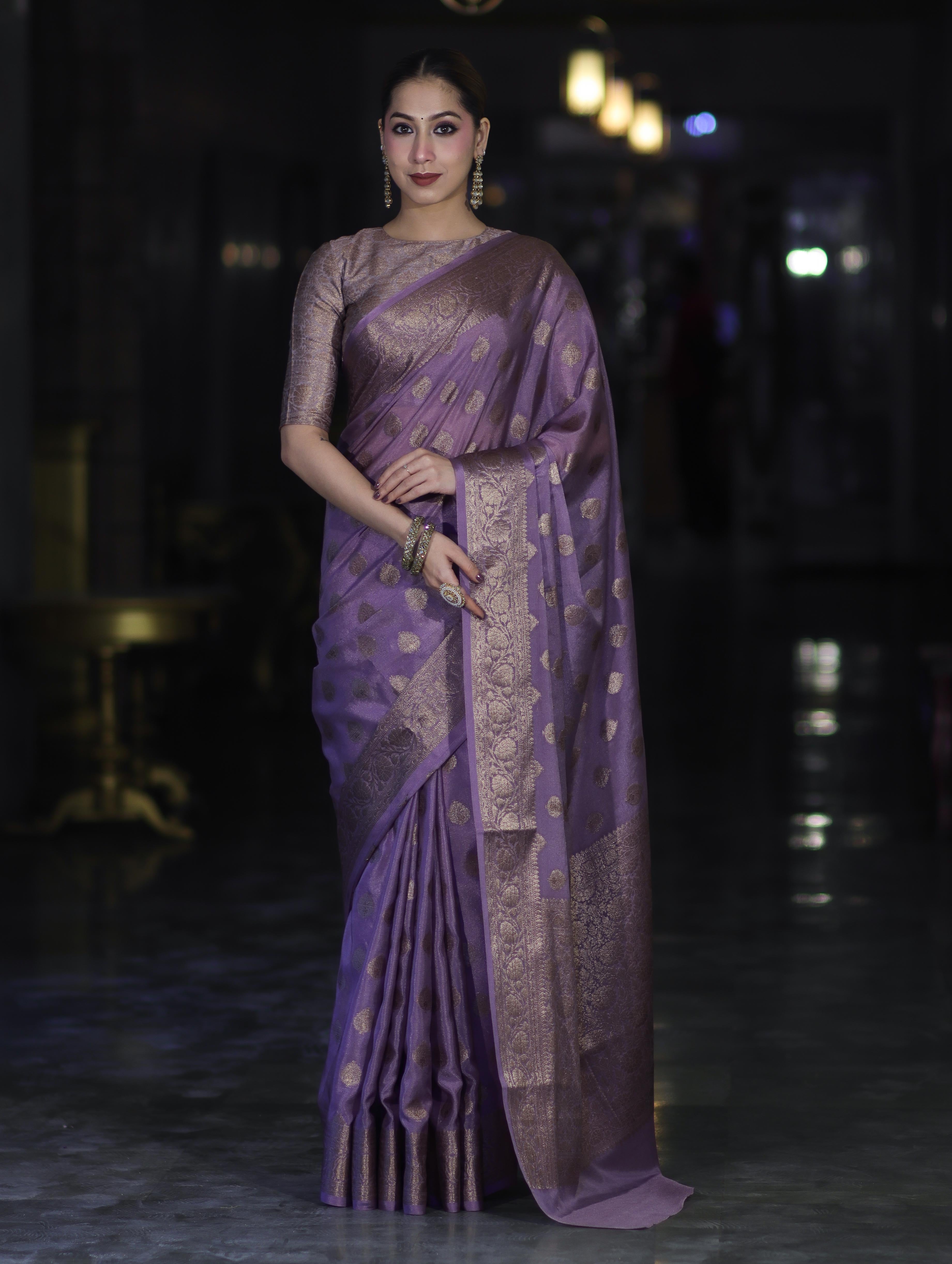 Banarasee Handwoven Georgette Saree With Antique Zari Buta Design & Floral Border-Mauve