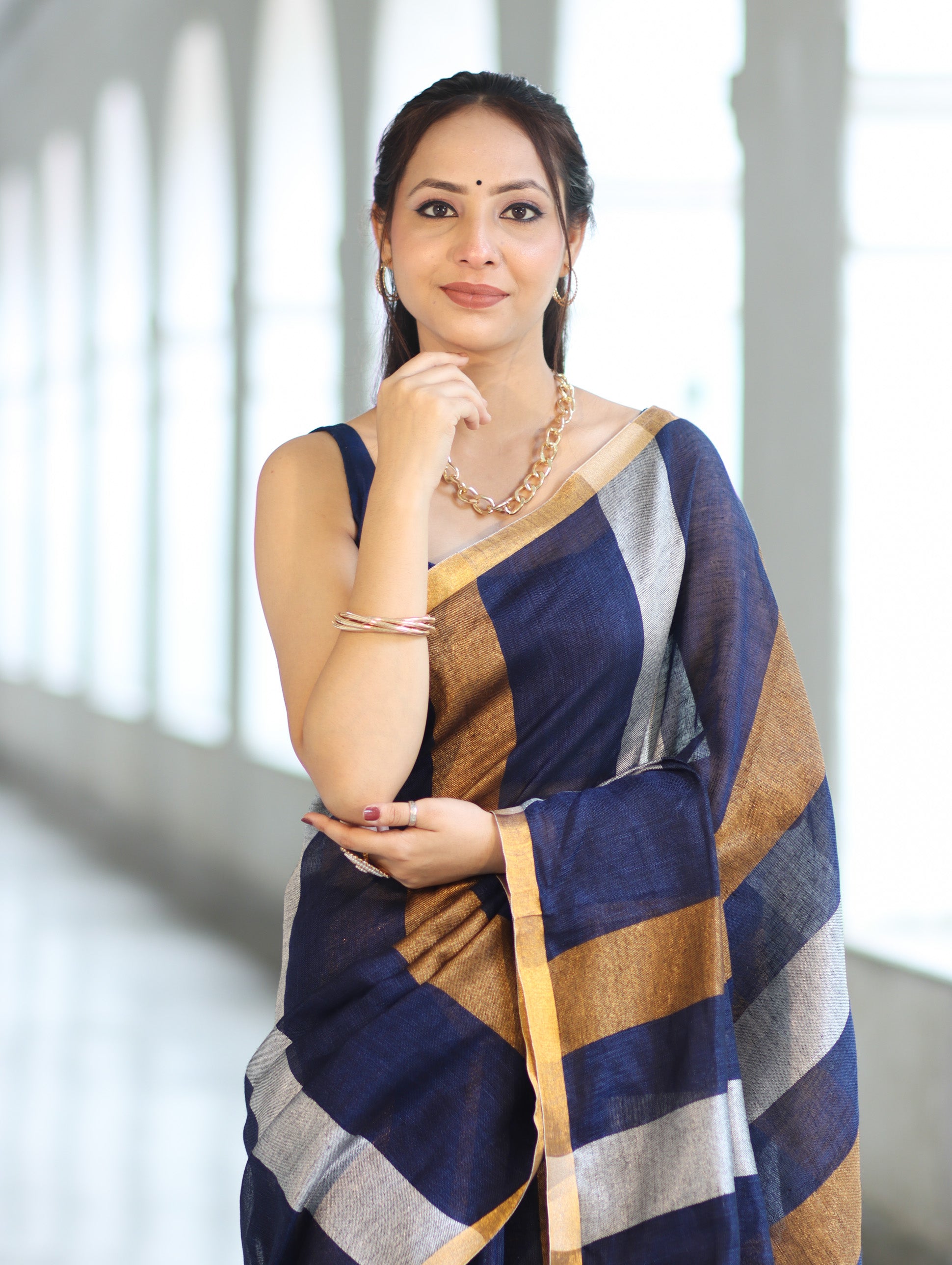 Bhagalpur Handloom Pure Linen Saree With Gold & Silver Stripes-Blue
