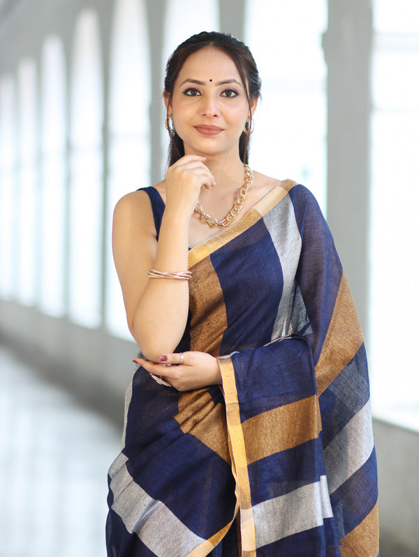 Bhagalpur Handloom Pure Linen Saree With Gold & Silver Stripes-Blue