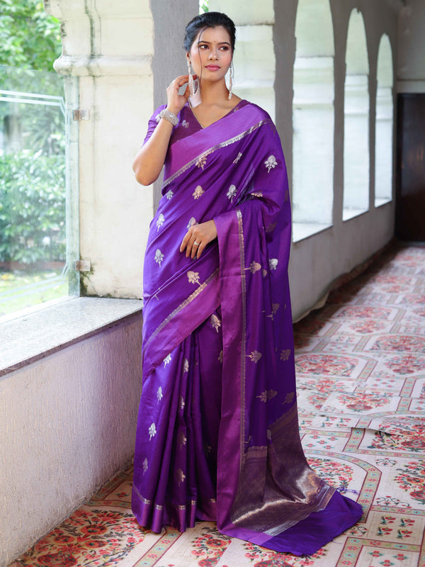 Banarasee Pure Chiniya Silk Saree With Zari Buti Work & Satin Border-Violet