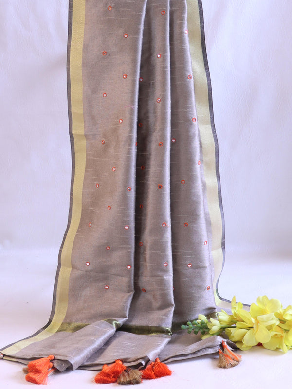 Banarasee Art Silk Dupatta With Hand-Embroidered Motifs-Grey