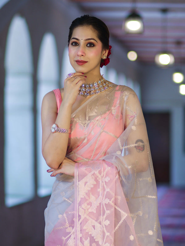 Banarasee Dual Color Organza Saree With Zari Jaal Design-Peachy Pink & Silver