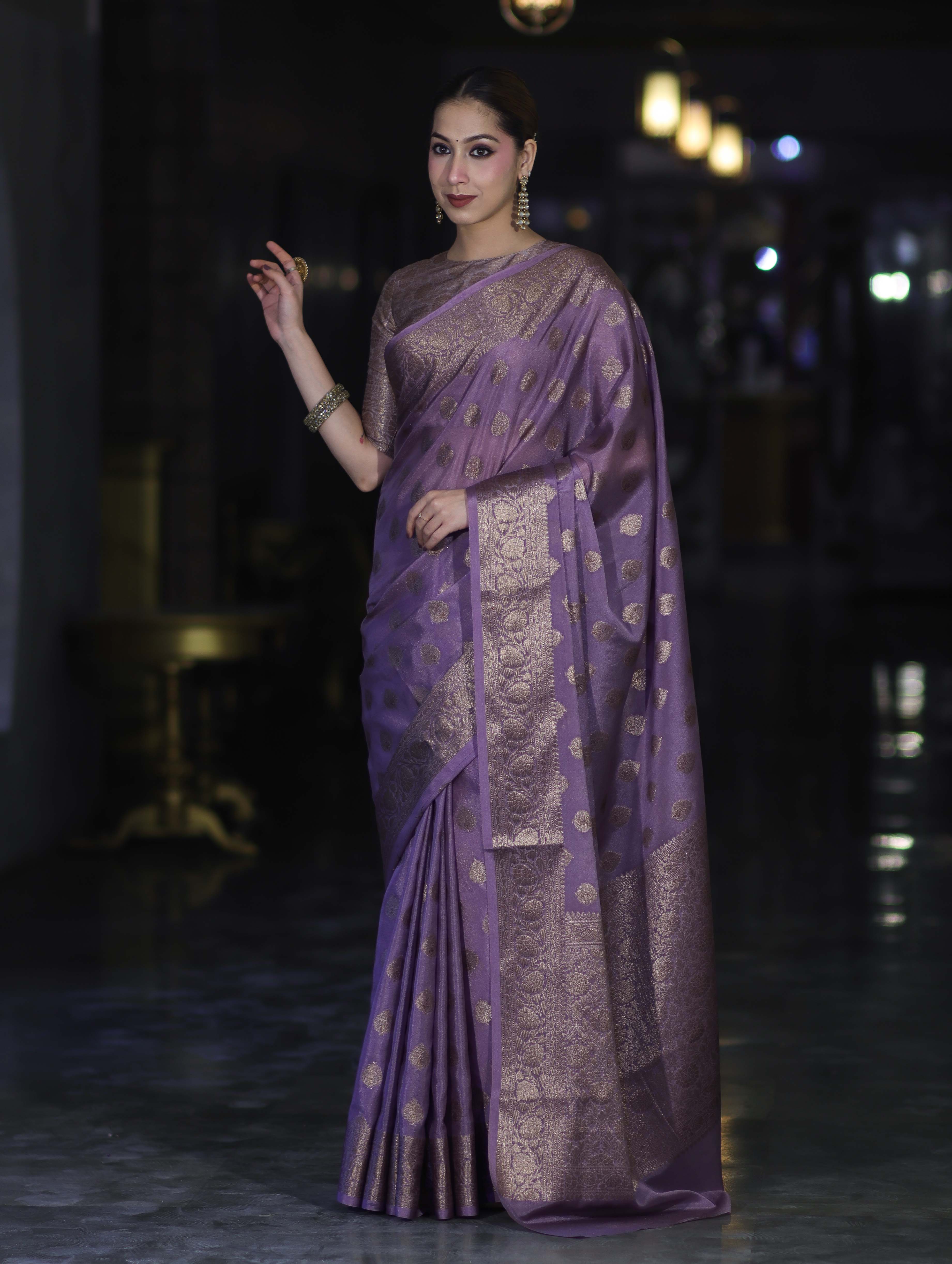 Banarasee Handwoven Georgette Saree With Antique Zari Buta Design & Floral Border-Mauve