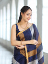 Bhagalpur Handloom Pure Linen Saree With Gold & Silver Stripes-Blue