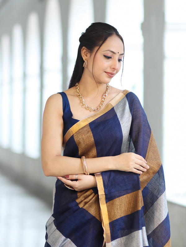 Bhagalpur Handloom Pure Linen Saree With Gold & Silver Stripes-Blue