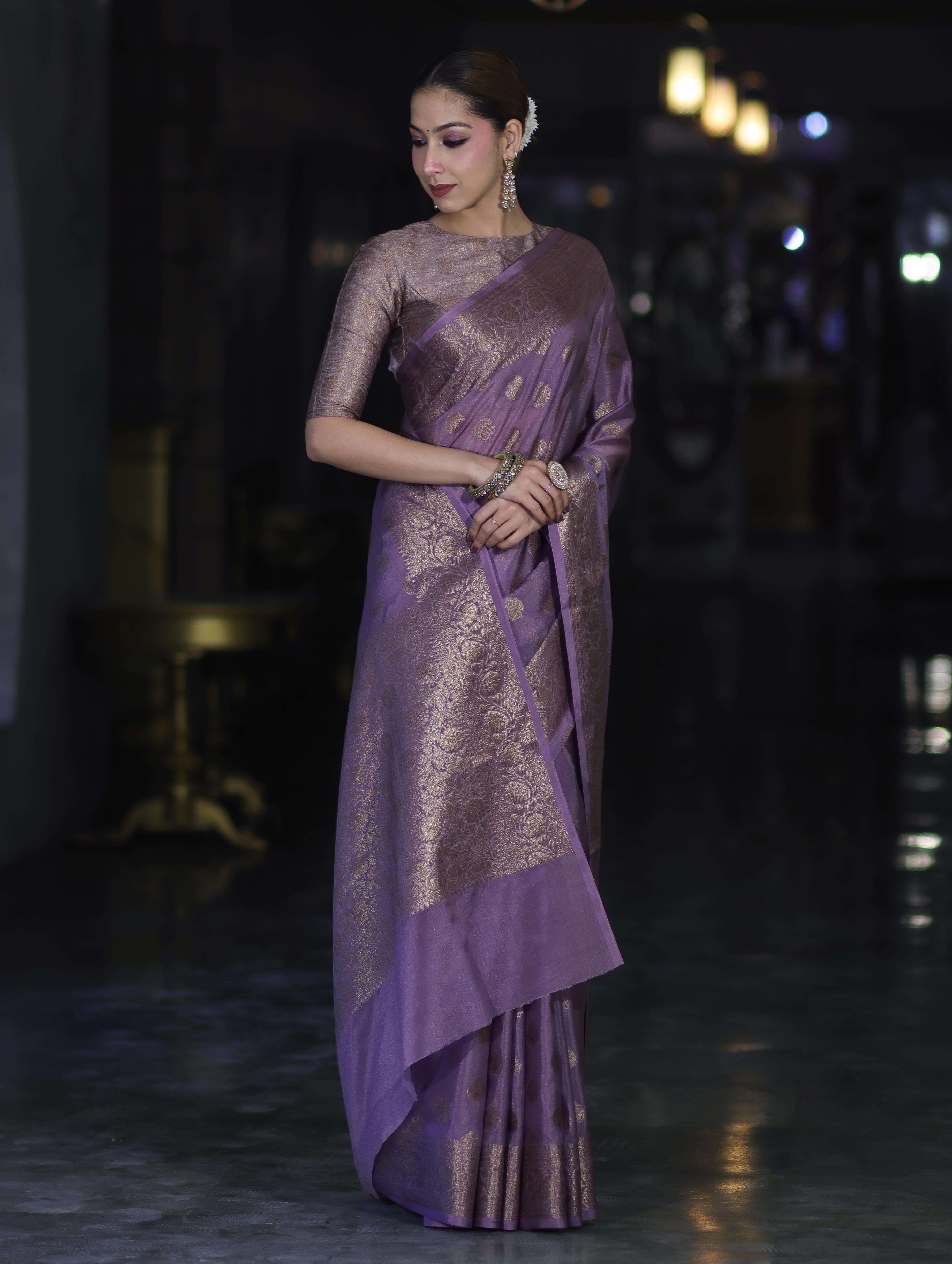 Banarasee Handwoven Georgette Saree With Antique Zari Buta Design & Floral Border-Mauve