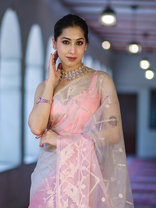 Banarasee Dual Color Organza Saree With Zari Jaal Design-Peachy Pink & Silver