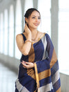Bhagalpur Handloom Pure Linen Saree With Gold & Silver Stripes-Blue
