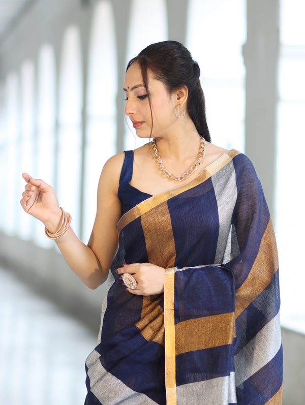 Bhagalpur Handloom Pure Linen Saree With Gold & Silver Stripes-Blue