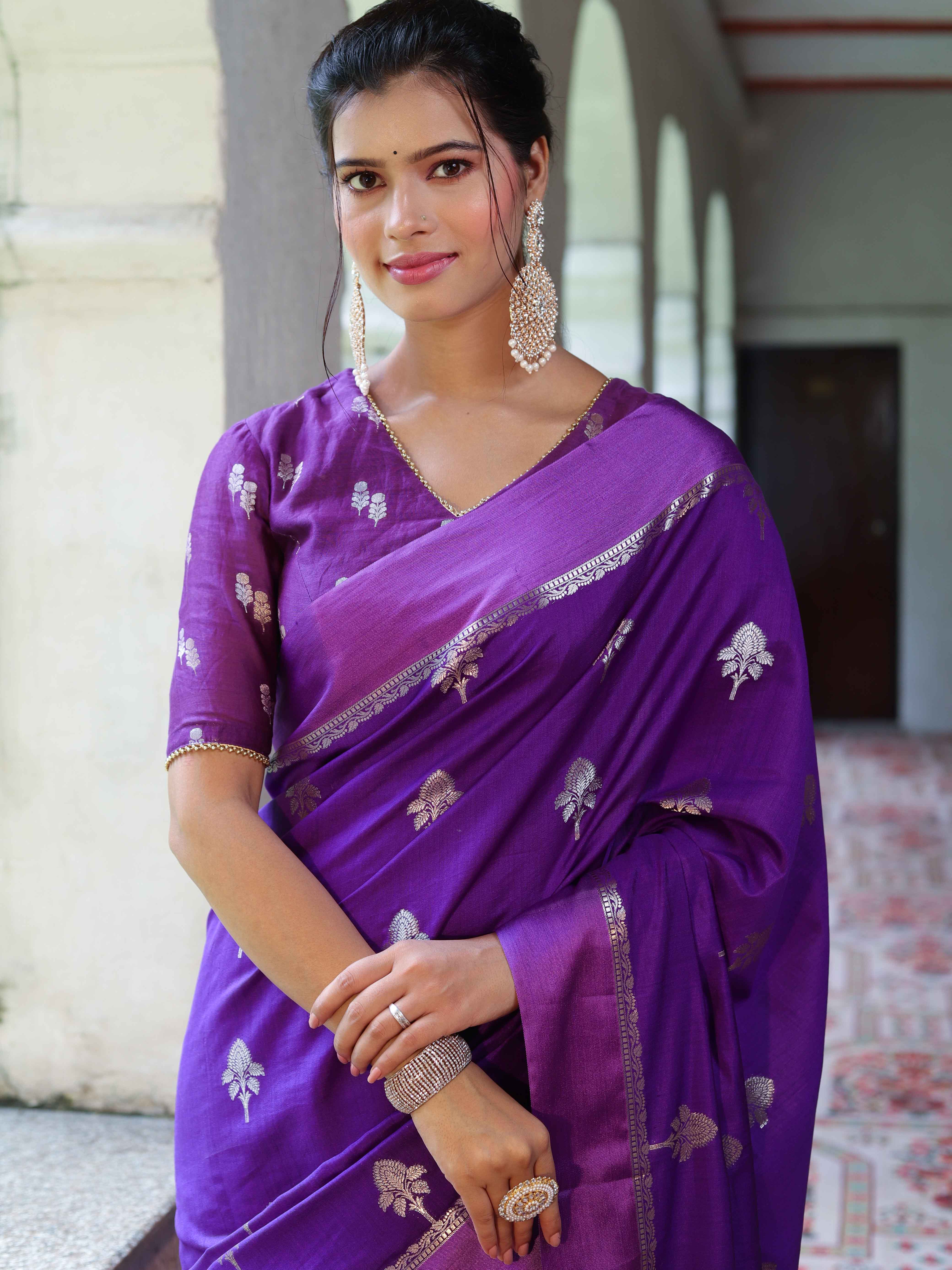 Banarasee Pure Chiniya Silk Saree With Zari Buti Work & Satin Border-Violet