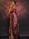 Banarasee Handwoven Semi Silk Bandhej Saree With Broad Zari Floral Border-Maroon & Pink