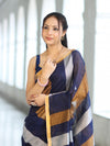 Bhagalpur Handloom Pure Linen Saree With Gold & Silver Stripes-Blue