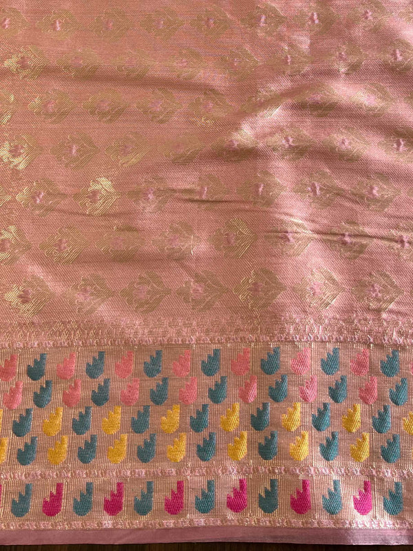 Banarasee Handwoven Semi Silk Plain Saree With Broad Zari & Meena Border-Pink