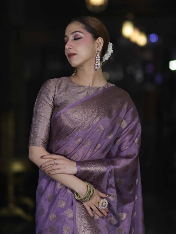 Banarasee Handwoven Georgette Saree With Antique Zari Buta Design & Floral Border-Mauve