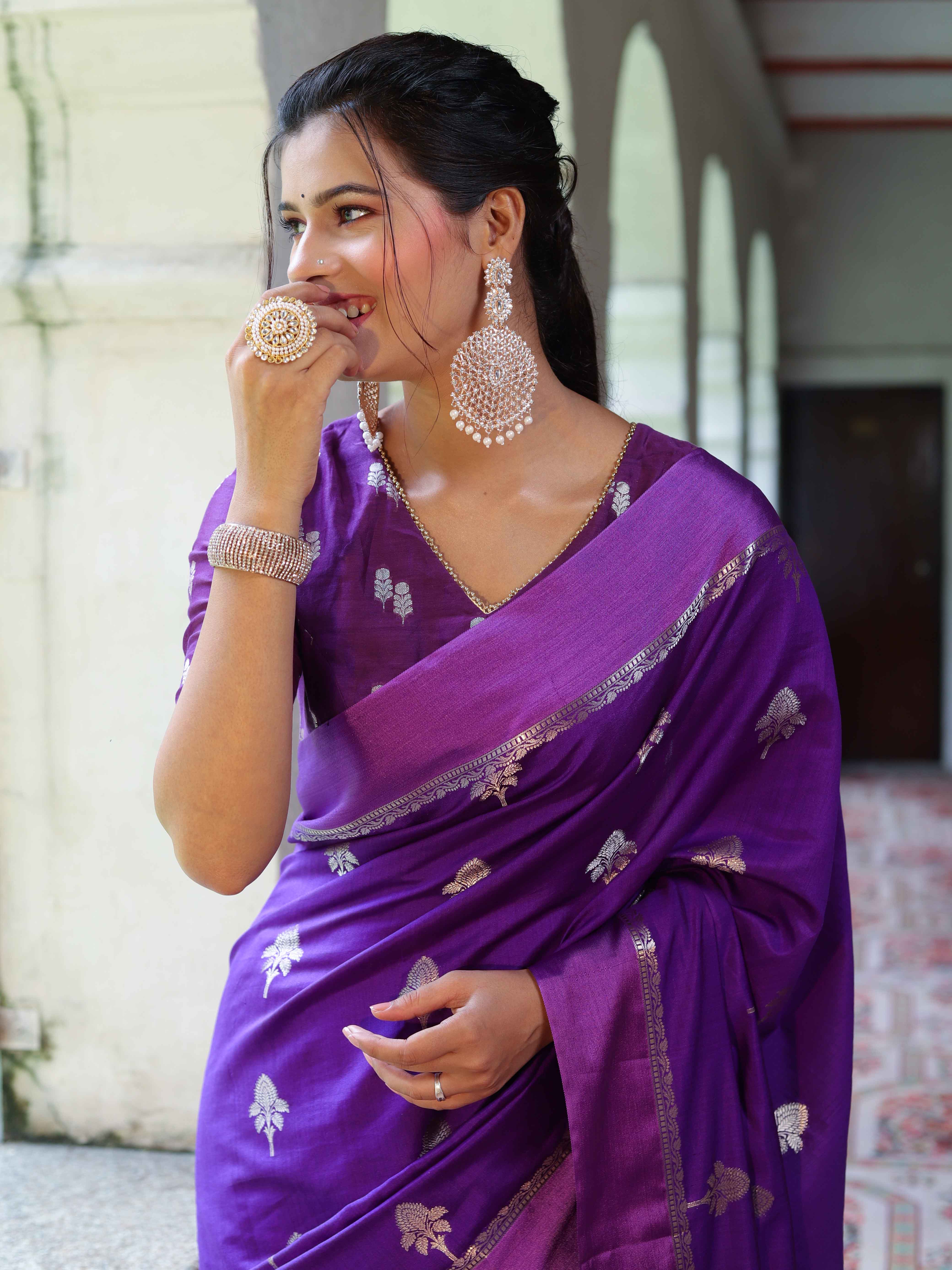 Banarasee Pure Chiniya Silk Saree With Zari Buti Work & Satin Border-Violet
