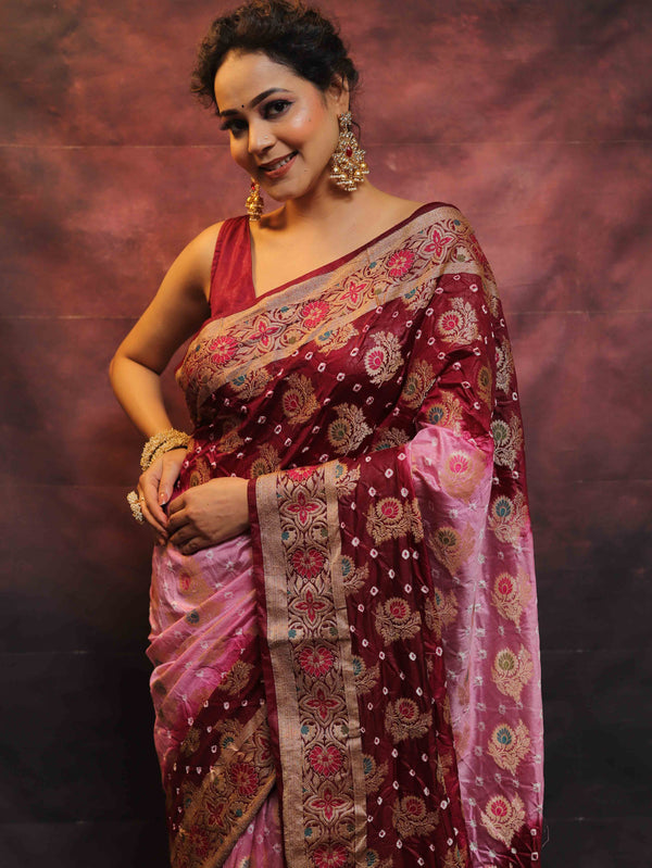 Banarasee Handwoven Semi Silk Bandhej Saree With Broad Zari Floral Border-Maroon & Pink