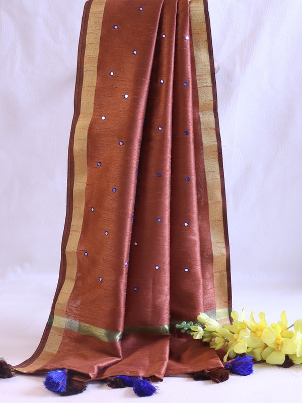 Banarasee Art Silk Dupatta With Hand-Embroidered Motifs-Brown