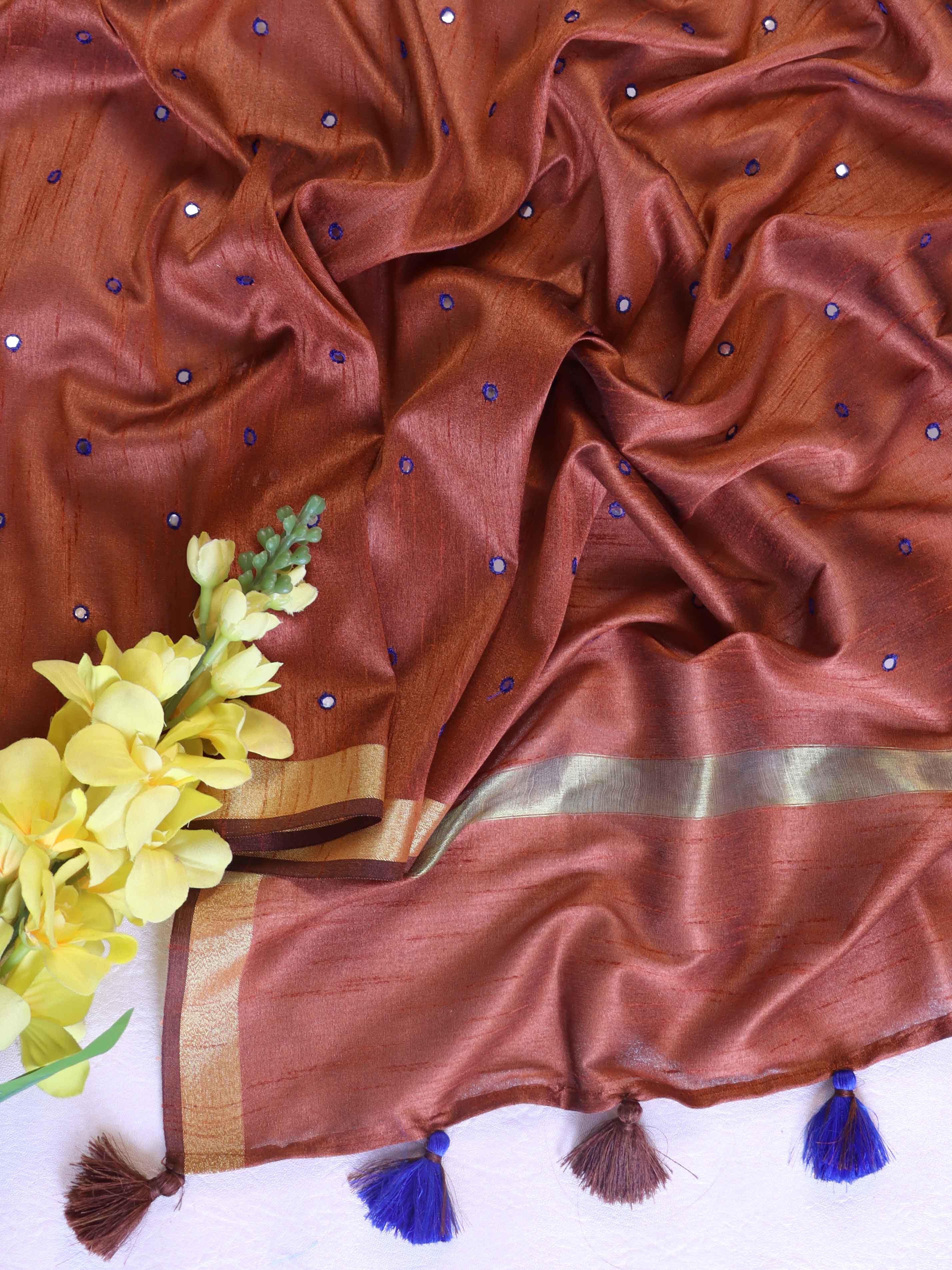 Banarasee Art Silk Dupatta With Hand-Embroidered Motifs-Brown