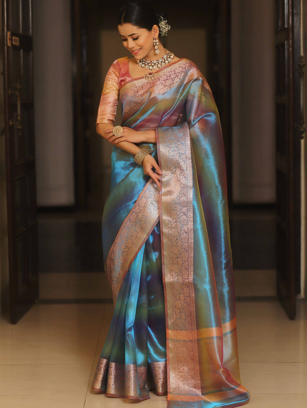 Banarasee Handwoven Shaded Tissue Saree-Blue