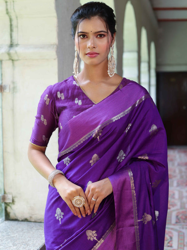 Banarasee Pure Chiniya Silk Saree With Zari Buti Work & Satin Border-Violet