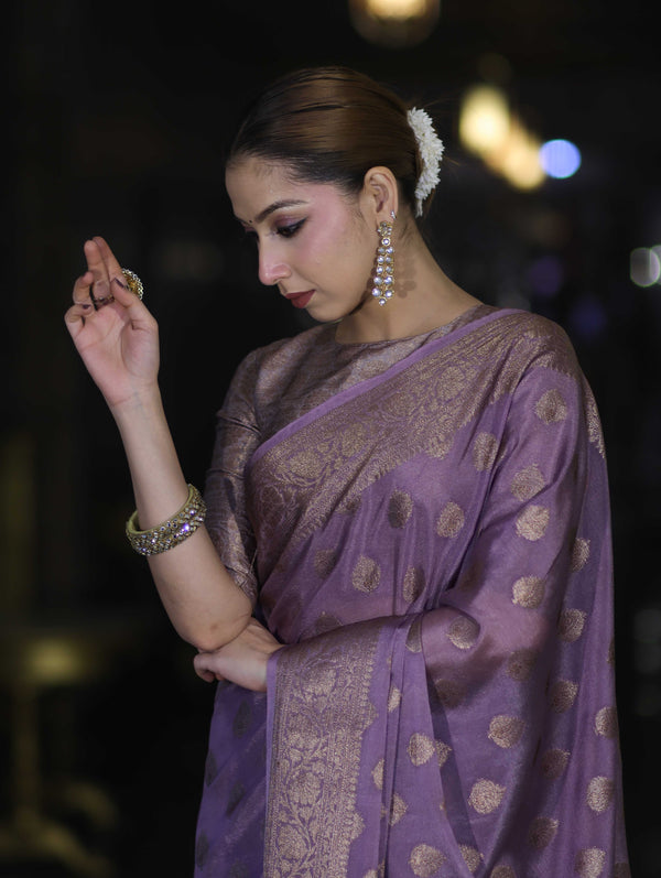 Banarasee Handwoven Georgette Saree With Antique Zari Buta Design & Floral Border-Mauve