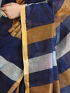 Bhagalpur Handloom Pure Linen Saree With Gold & Silver Stripes-Blue