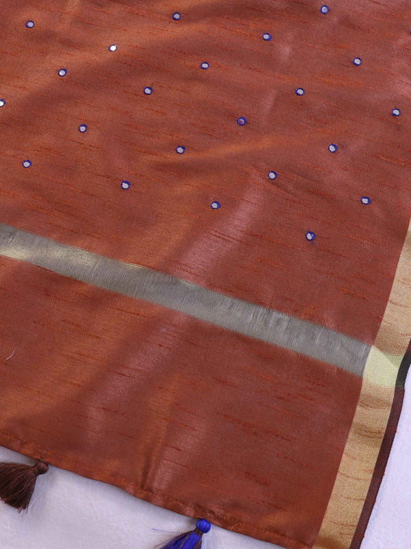 Banarasee Art Silk Dupatta With Hand-Embroidered Motifs-Brown