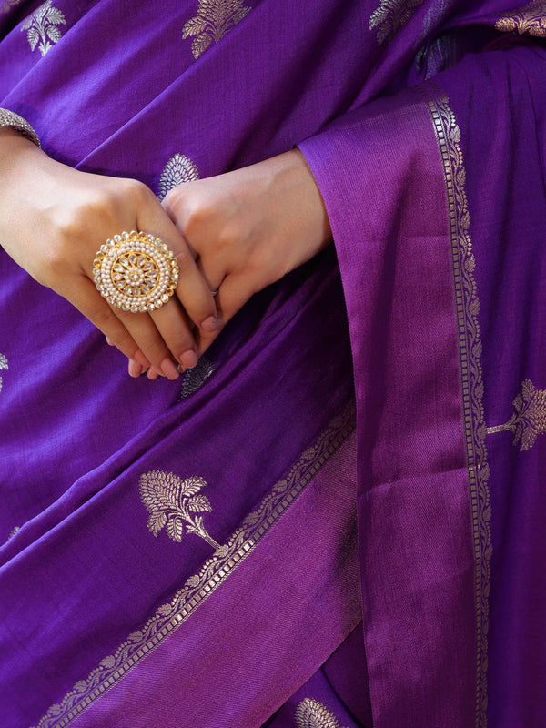 Banarasee Pure Chiniya Silk Saree With Zari Buti Work & Satin Border-Violet