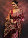 Banarasee Handwoven Semi Silk Bandhej Saree With Broad Zari Floral Border-Maroon & Pink