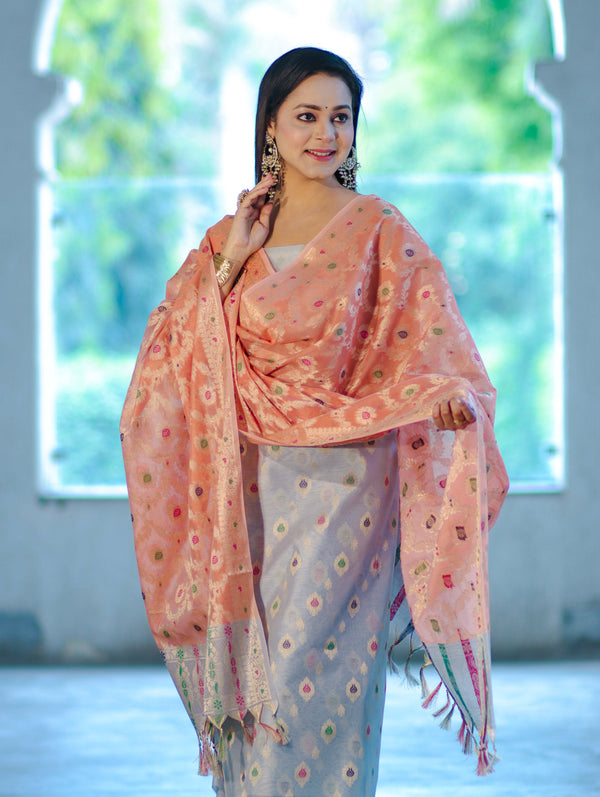 Banarasee Cotton Silk Zari Work Salwar Kameez Fabric With Jaal Design Dupatta Set-Pastel Blue & Dark Peach