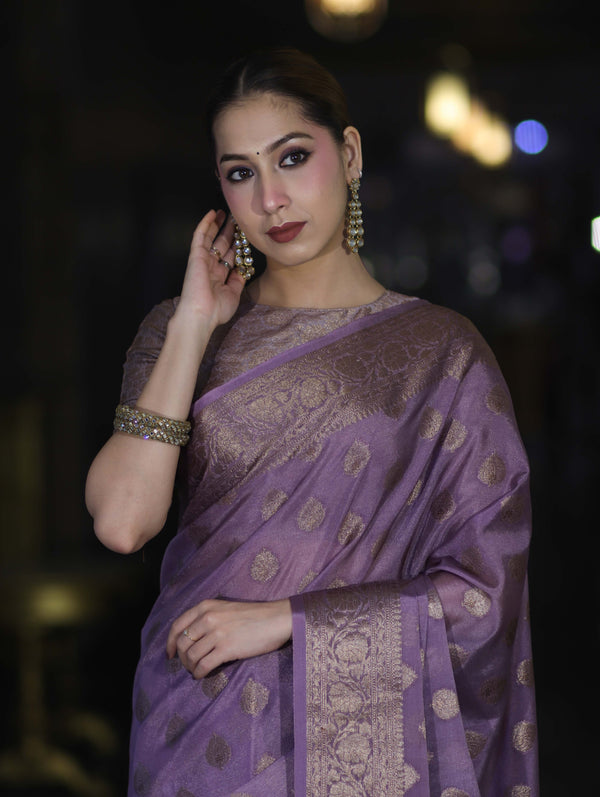 Banarasee Handwoven Georgette Saree With Antique Zari Buta Design & Floral Border-Mauve