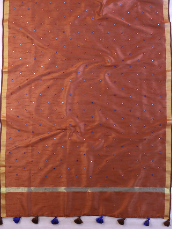 Banarasee Art Silk Dupatta With Hand-Embroidered Motifs-Brown