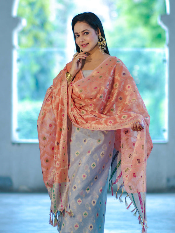 Banarasee Cotton Silk Zari Work Salwar Kameez Fabric With Jaal Design Dupatta Set-Pastel Blue & Dark Peach