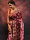 Banarasee Handwoven Semi Silk Bandhej Saree With Broad Zari Floral Border-Maroon & Pink